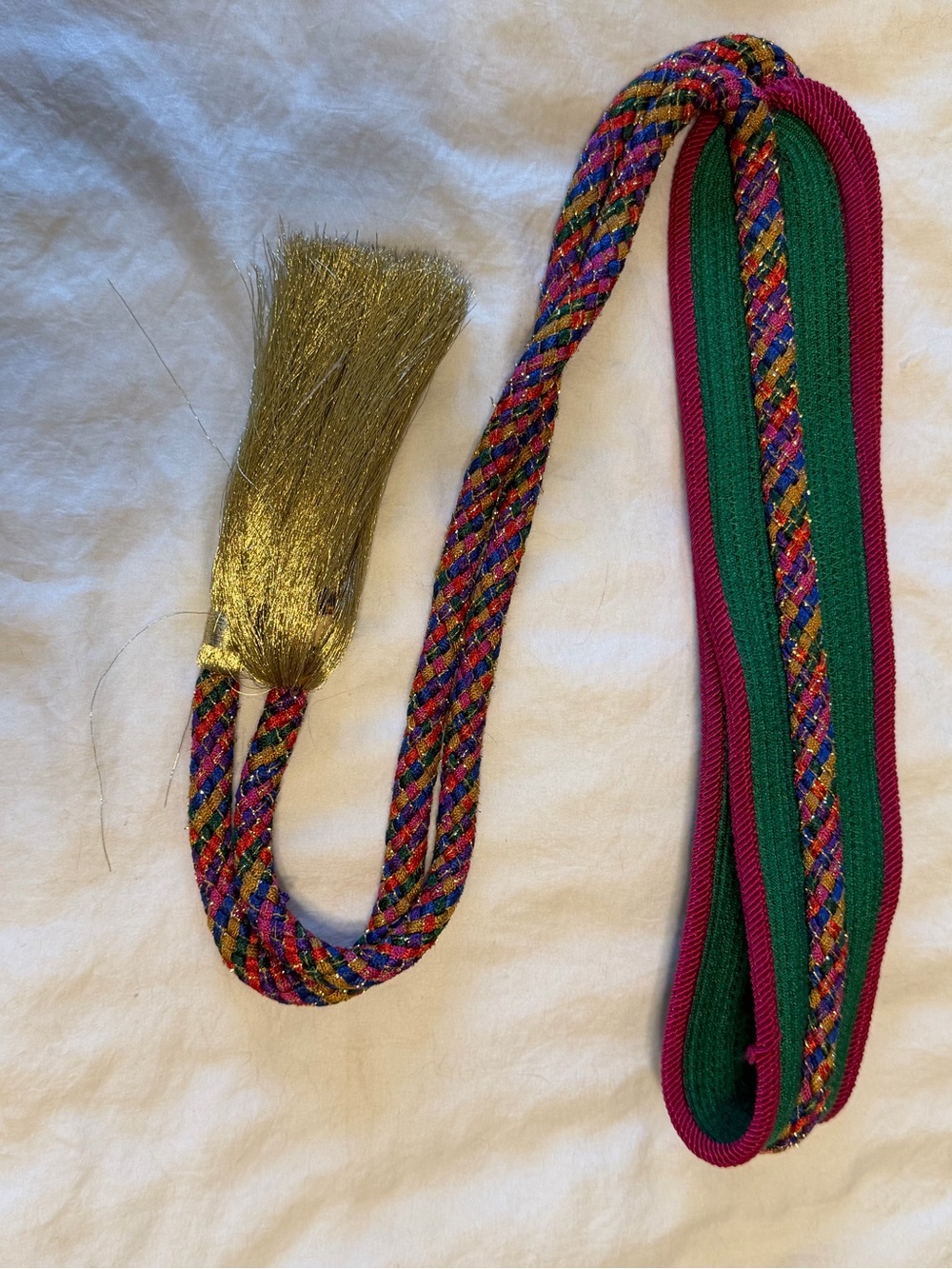 Vintage Fabric Multicolor Belt With Gold Tassels Size Large (L) Length 58” - Picture 13 of 16
